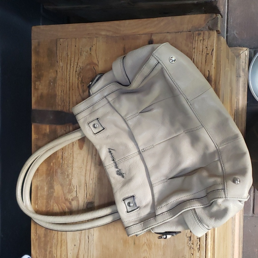 B Makowsky Taupe Leather Handbag